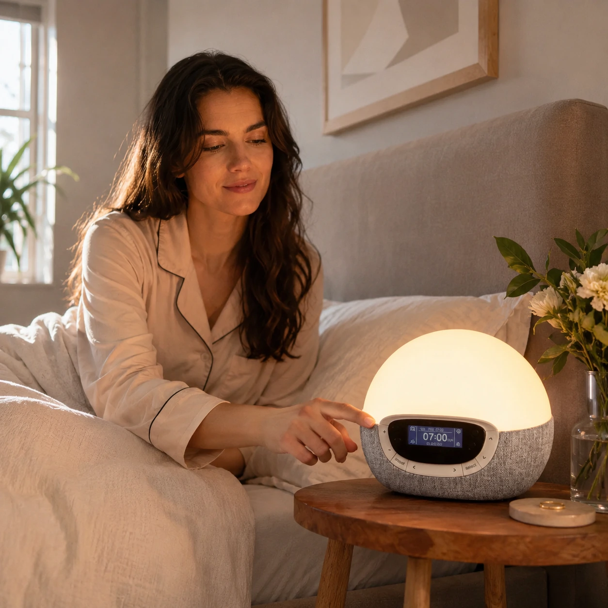 Dreamegg Sunrise 1 Wake Up Alarm Clock on a rustic bedside table with a mug, book, and traditional lamp.