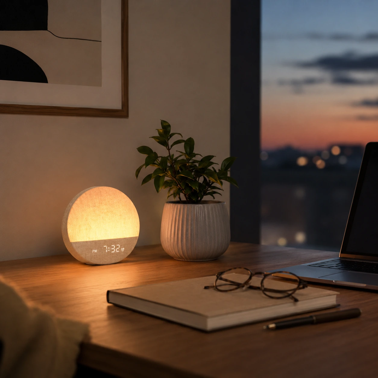 Dreamegg Sunrise 1 Wake Up Alarm Clock glowing on a desk near a laptop, notebook, glasses, and evening window view.