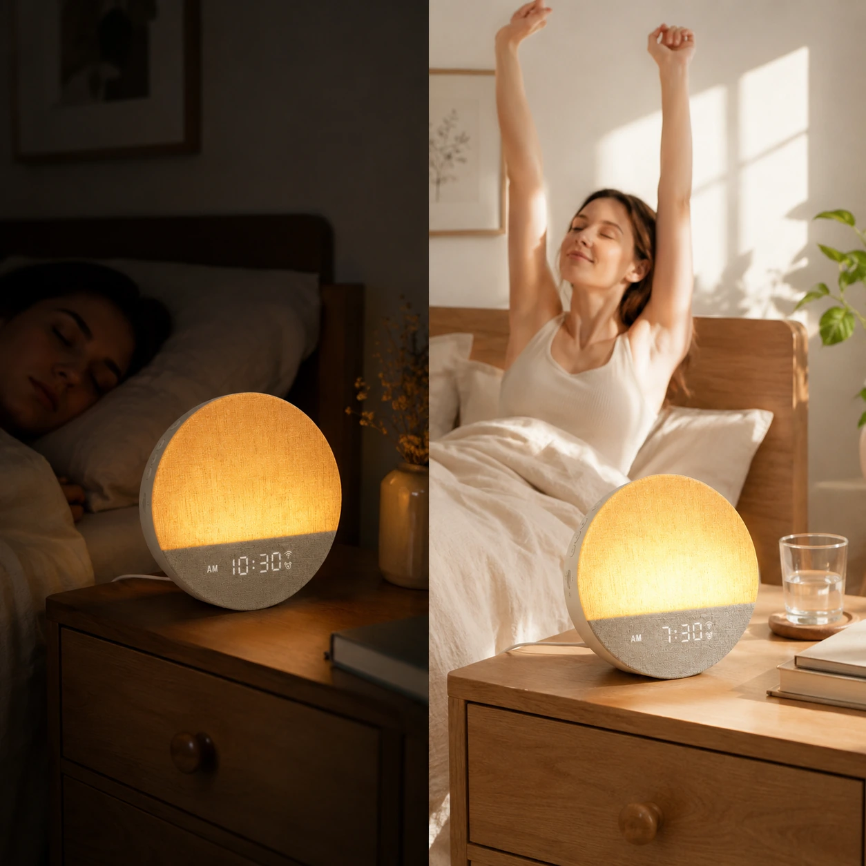 Split scene showing the Dreamegg Sunrise 1 Wake Up Alarm Clock at night and in the morning beside a bed.