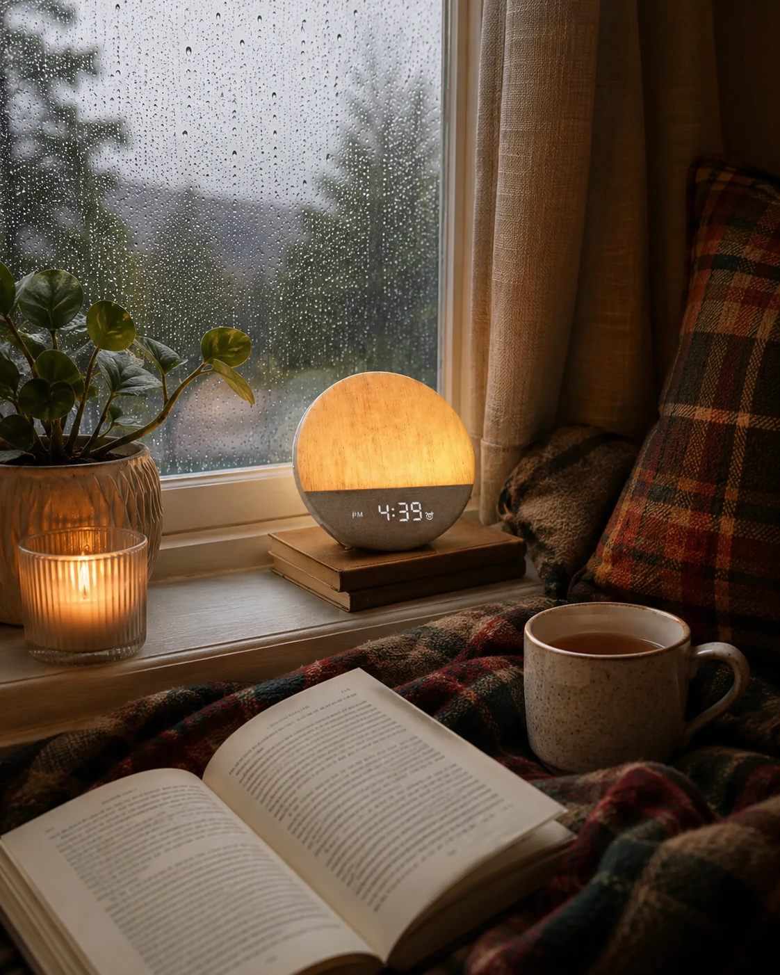 Dreamegg Sunrise 1 Wake Up Alarm Clock glowing beside a rainy window with a book, blanket, candle, and tea.
