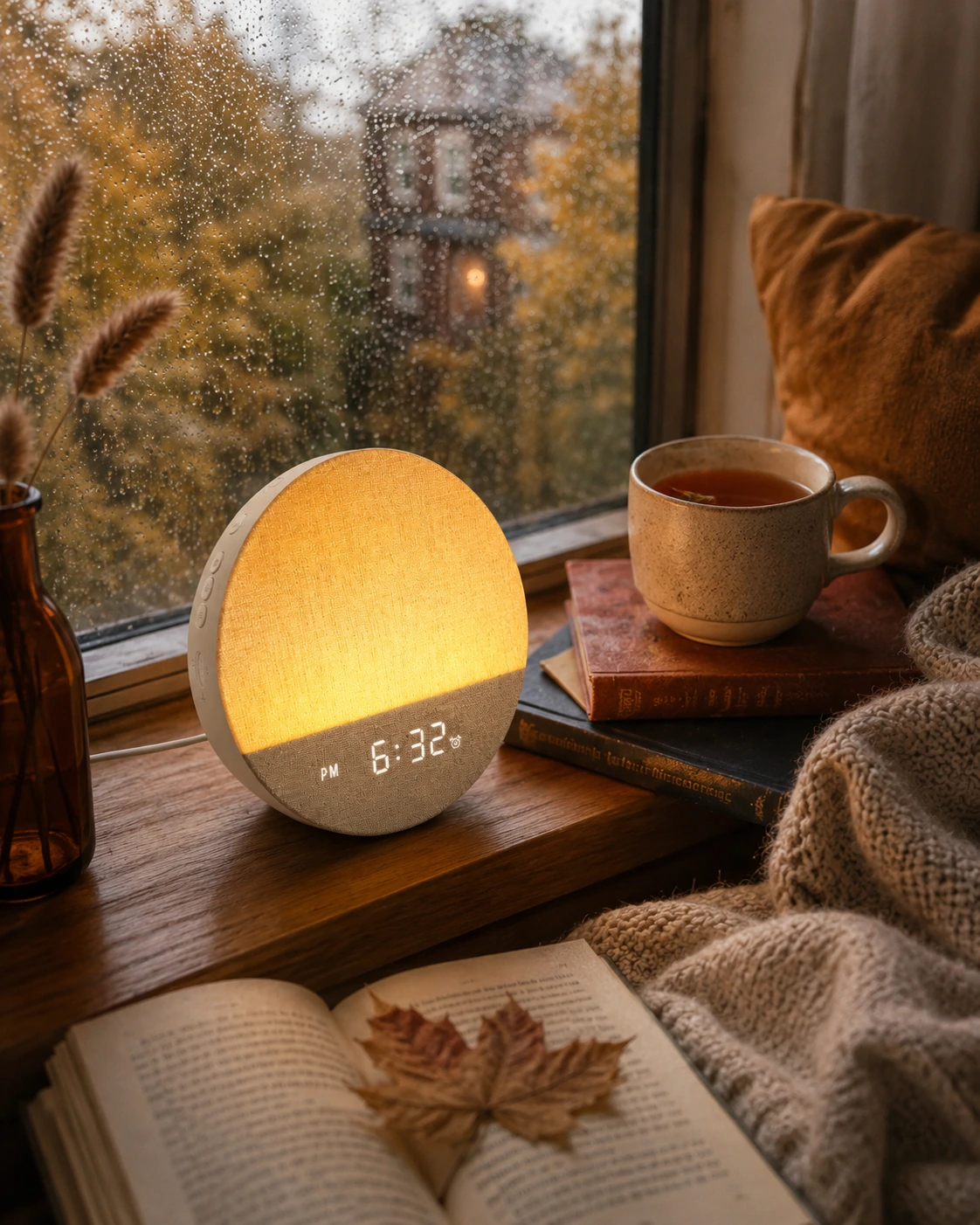 Dreamegg Sunrise 1 Wake Up Alarm Clock glowing on a rainy window ledge with books, tea, and a blanket.