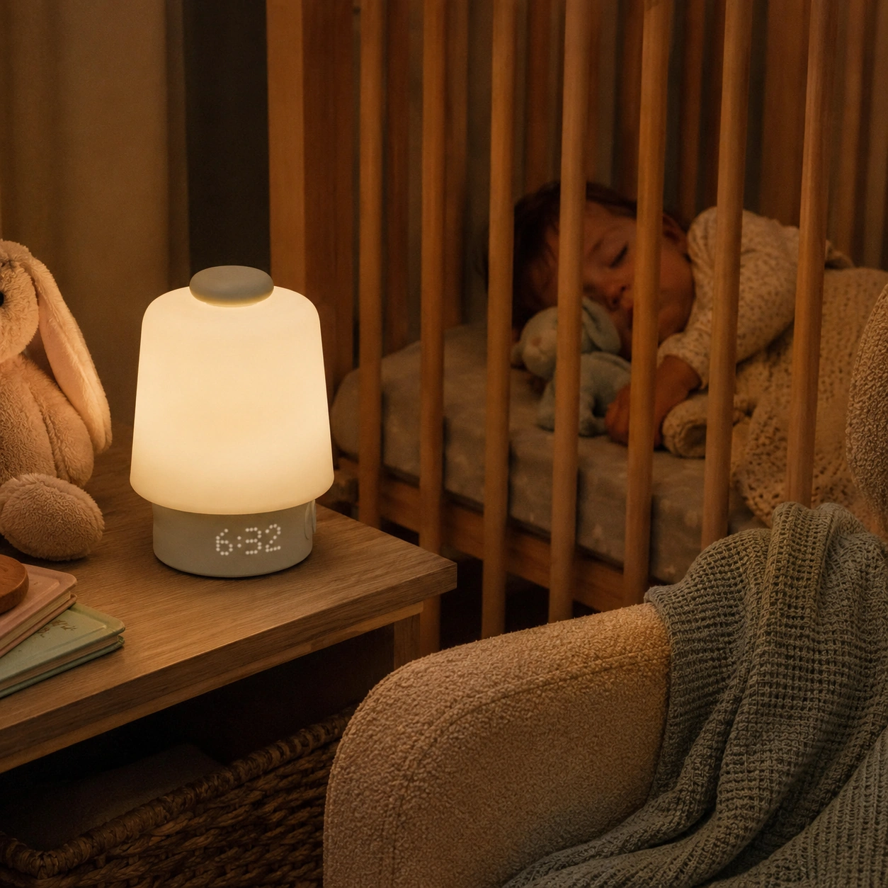 Hatch Baby sleep sound machine on a nursery nightstand beside a crib