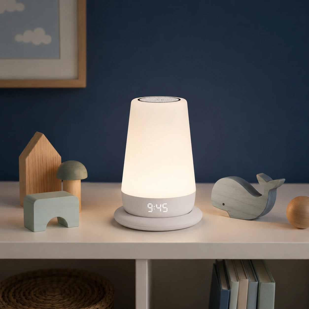 Hatch Rest+ 2nd Gen on a kids room shelf Hatch Rest+ 2nd Gen on a kids room shelf