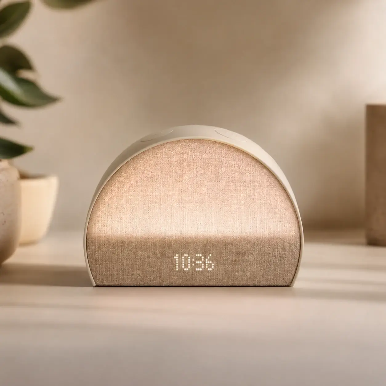 Hatch Restore 2 Smart Sound Machine Alarm Clock on a minimalist bedside table in a calm bedroom setting Hatch Restore 2 Smart Sound Machine Alarm Clock on a minimalist bedside table in a calm bedroom setting