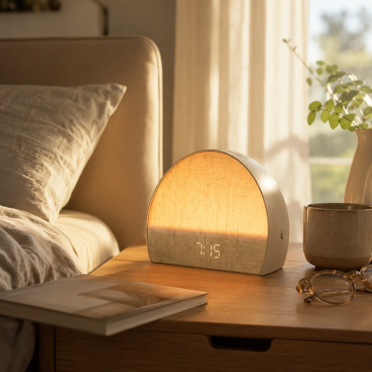 Hatch Restore 2 sunrise light glowing in a cozy bedroom morning scene Hatch Restore 2 sunrise light glowing in a cozy bedroom morning scene
