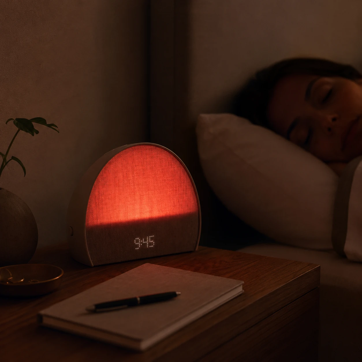 Hatch Restore 2 Smart Sound Machine Alarm Clock casting a warm bedside glow at night Hatch Restore 2 Smart Sound Machine Alarm Clock casting a warm bedside glow at night