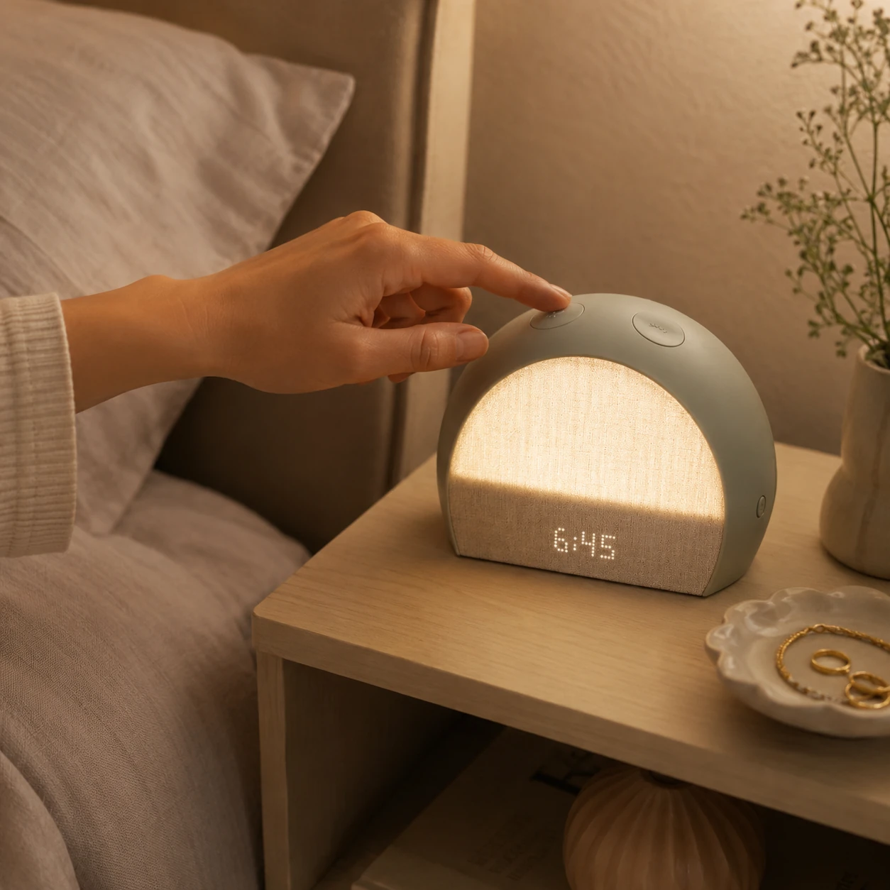 A hand reaching toward Hatch Restore 2 on a bedside table during evening wind-down A hand reaching toward Hatch Restore 2 on a bedside table during evening wind-down