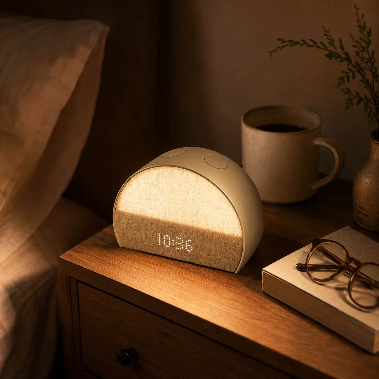 Hatch Restore 2 glowing on a wooden nightstand next to a book, glasses, and a mug Hatch Restore 2 glowing on a wooden nightstand next to a book, glasses, and a mug