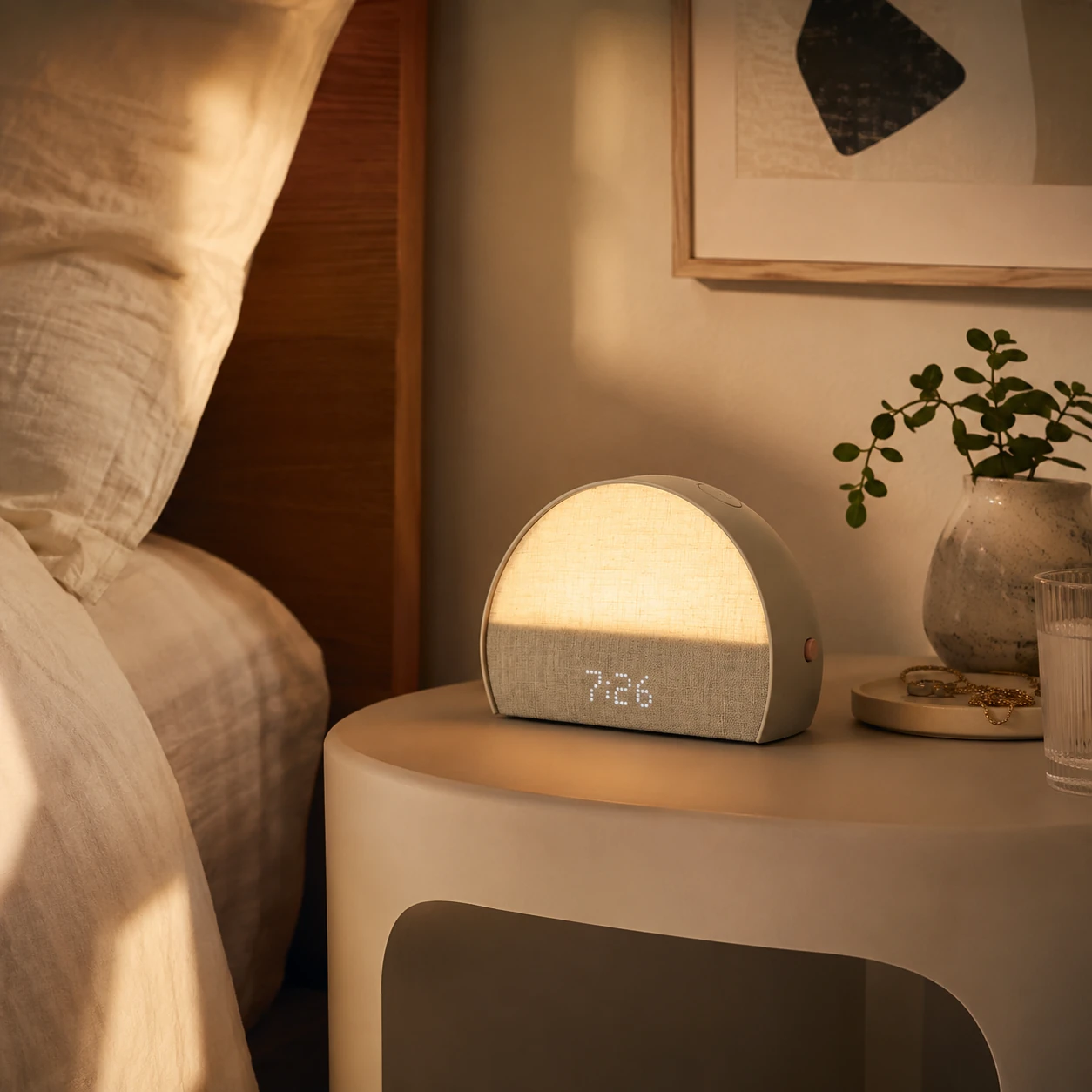 Hatch Restore 2 lit up on a sculpted bedside table in a cozy bedroom corner Hatch Restore 2 lit up on a sculpted bedside table in a cozy bedroom corner