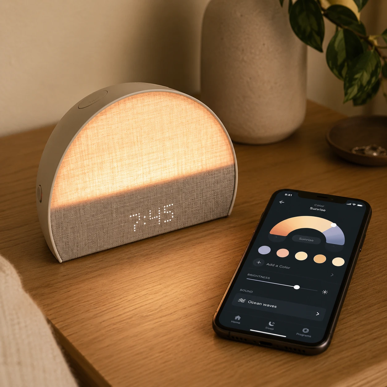 Hatch Restore 2 with sunrise light active beside a phone app interface on a wooden bedside table Hatch Restore 2 with sunrise light active beside a phone app interface on a wooden bedside table