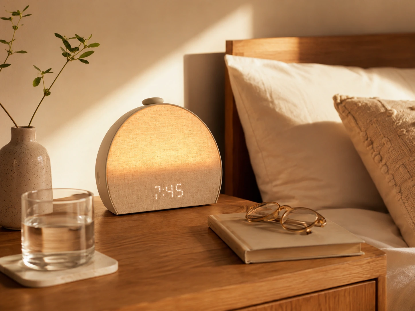 Hatch Restore 3 Smart Sunrise Alarm Clock glowing on a warm morning bedside table Hatch Restore 3 Smart Sunrise Alarm Clock glowing on a warm morning bedside table