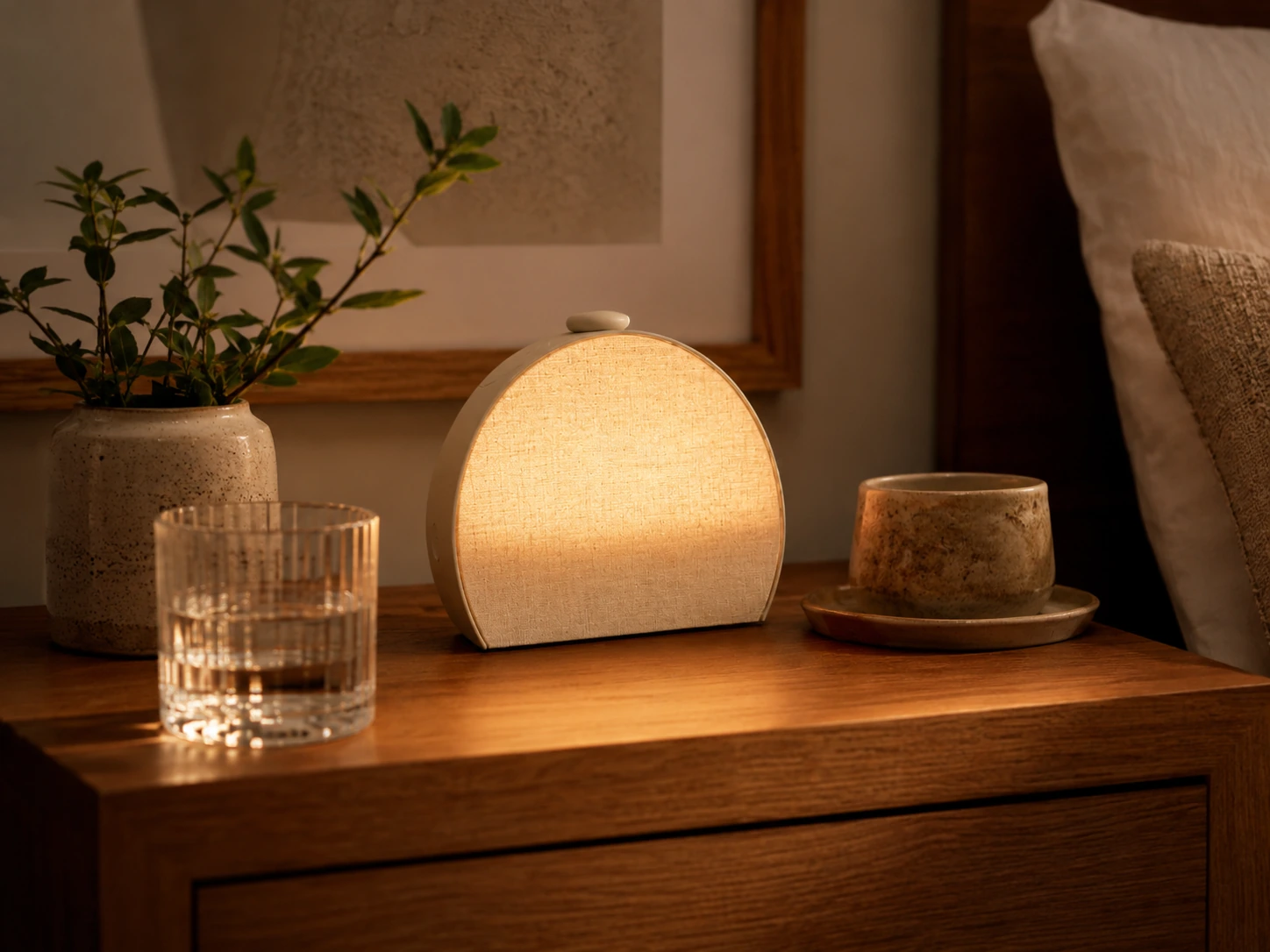 Hatch Restore 3 Smart Sunrise Alarm Clock in a dim bedroom with warm ambient light Hatch Restore 3 Smart Sunrise Alarm Clock in a dim bedroom with warm ambient light