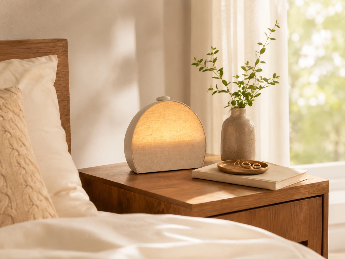 Hatch Restore 3 Smart Sunrise Alarm Clock in a quiet morning bedroom setting Hatch Restore 3 Smart Sunrise Alarm Clock in a quiet morning bedroom setting