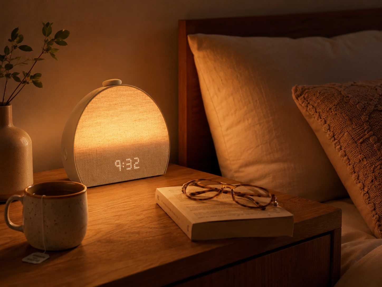 Hatch Restore 3 Smart Sunrise Alarm Clock used as a cozy evening bedside light Hatch Restore 3 Smart Sunrise Alarm Clock used as a cozy evening bedside light