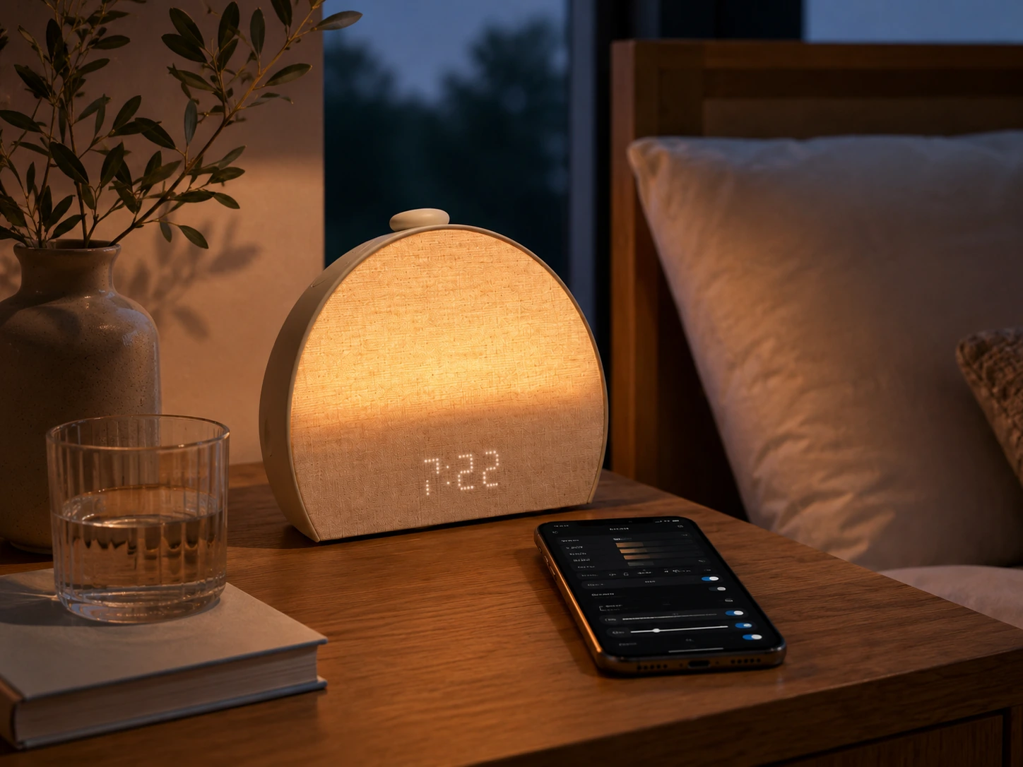 Hatch Restore 3 Smart Sunrise Alarm Clock casting a warm glow on a nightstand Hatch Restore 3 Smart Sunrise Alarm Clock casting a warm glow on a nightstand