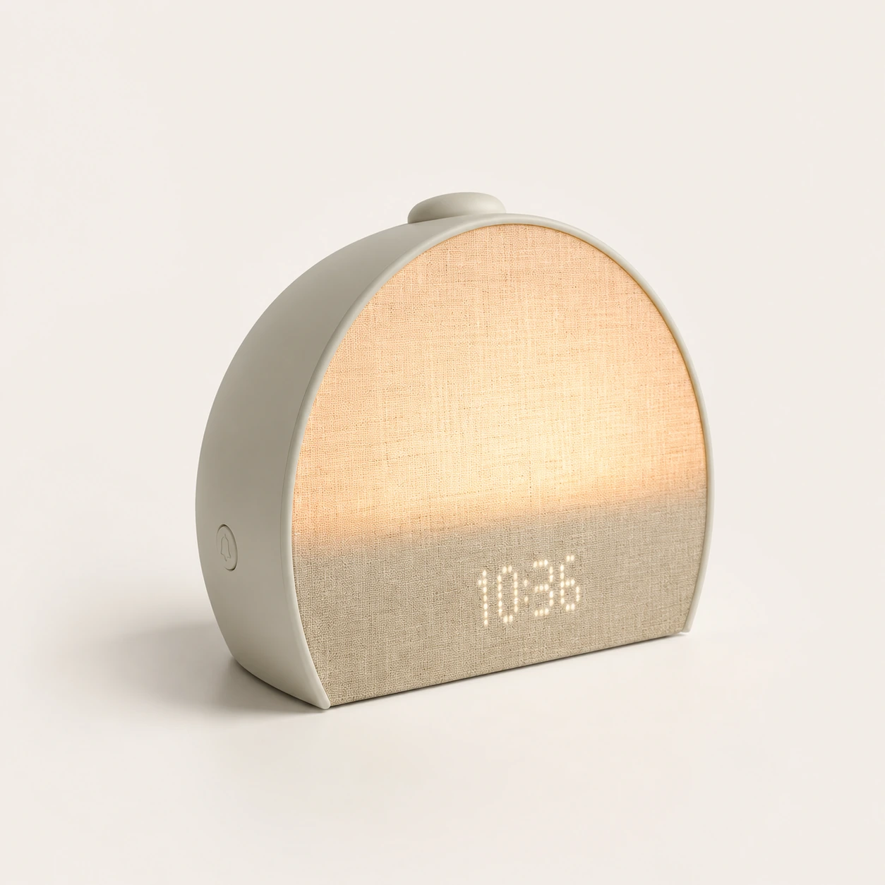 Hatch Restore 3 Smart Sunrise Alarm Clock front product shot with fabric face and warm light Hatch Restore 3 Smart Sunrise Alarm Clock front product shot with fabric face and warm light
