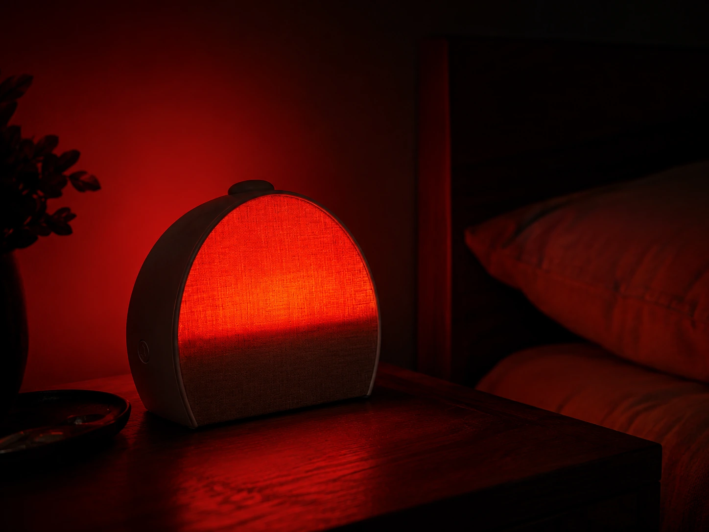 Hatch Restore 3 Smart Sunrise Alarm Clock glowing red in a dark bedroom