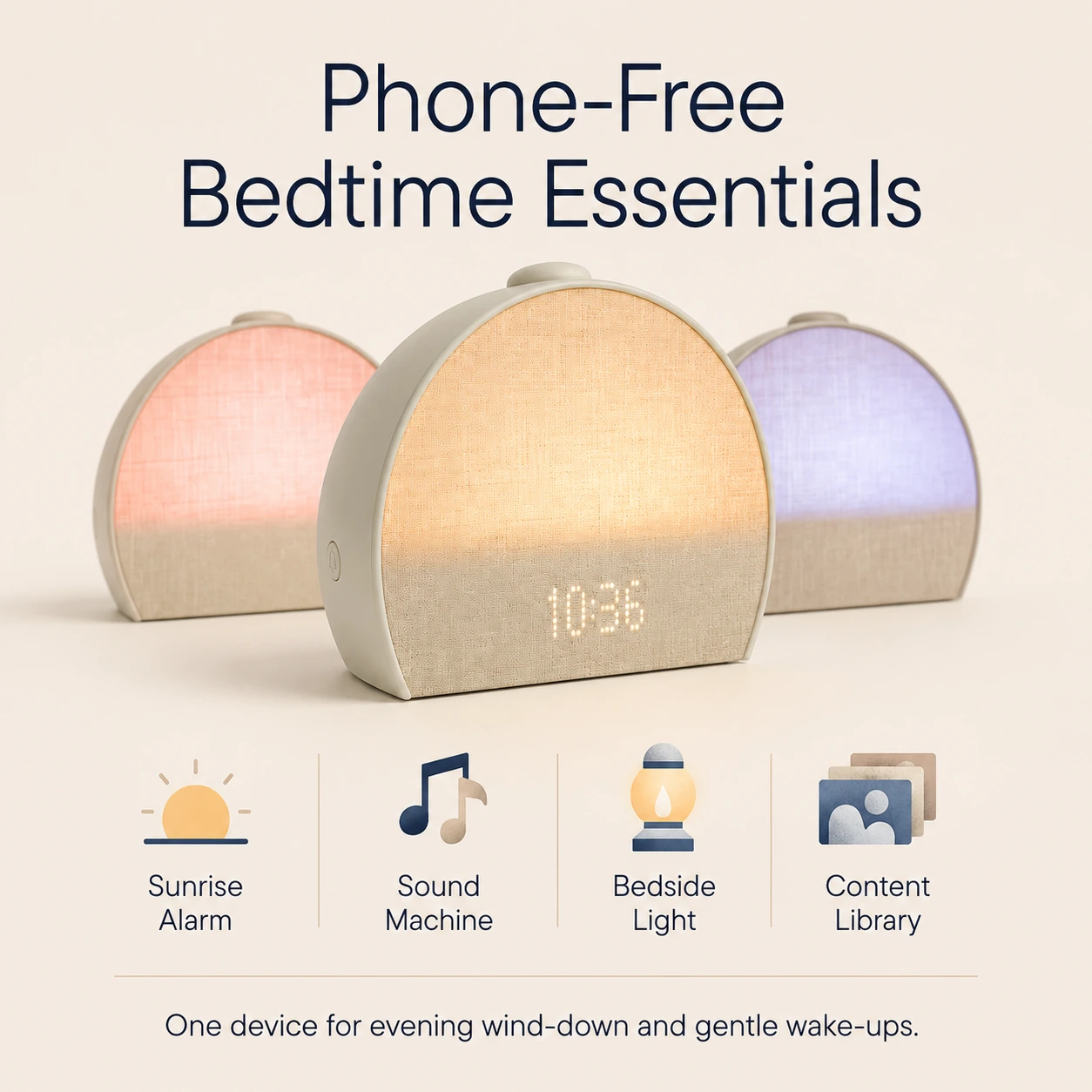 Hatch Restore 3 Smart Sunrise Alarm Clock feature card showing sunrise alarm, sound machine, bedside light, and content library Hatch Restore 3 Smart Sunrise Alarm Clock feature card showing sunrise alarm, sound machine, bedside light, and content library