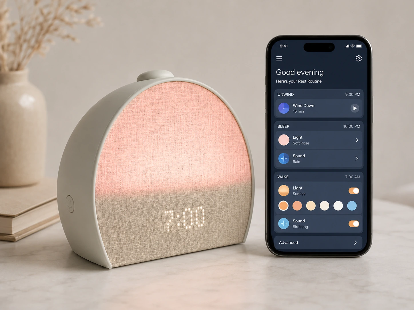 Hatch Restore 3 Smart Sunrise Alarm Clock on a nightstand as a person wakes in morning light Hatch Restore 3 Smart Sunrise Alarm Clock on a nightstand as a person wakes in morning light