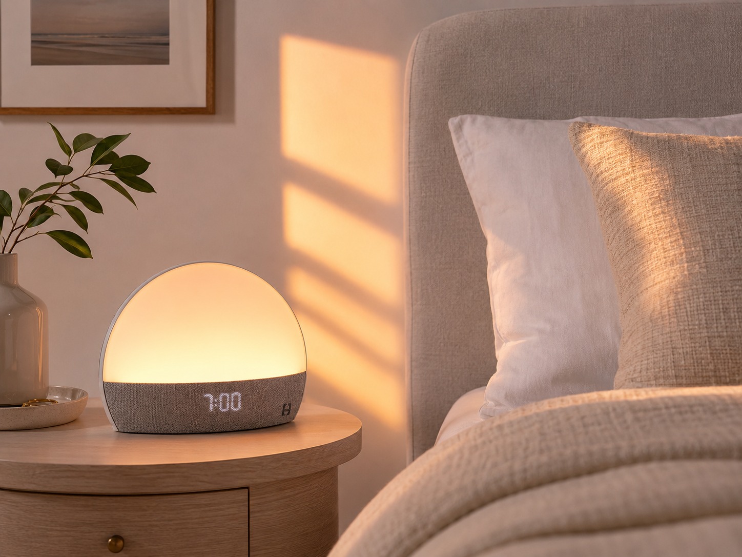 Hatch Restore Smart Alarm Clock on a bedside table with soft sunrise light in a cozy bedroom Hatch Restore Smart Alarm Clock on a bedside table with soft sunrise light in a cozy bedroom