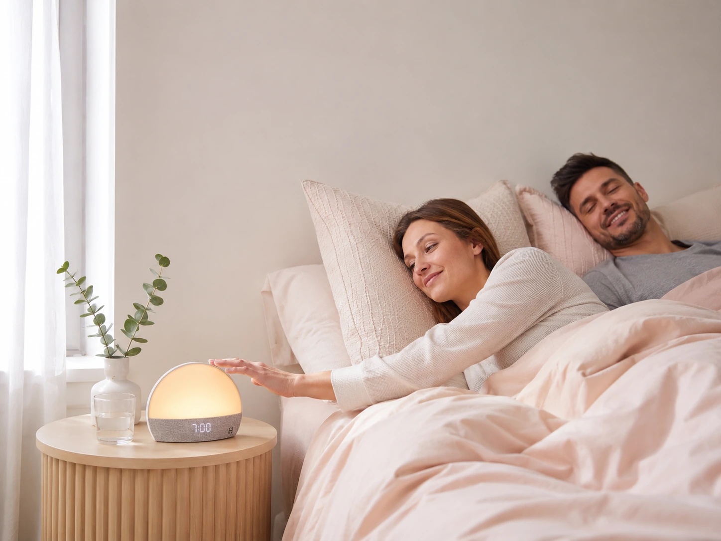 Hatch Restore Smart Alarm Clock in a calm morning bedroom routine