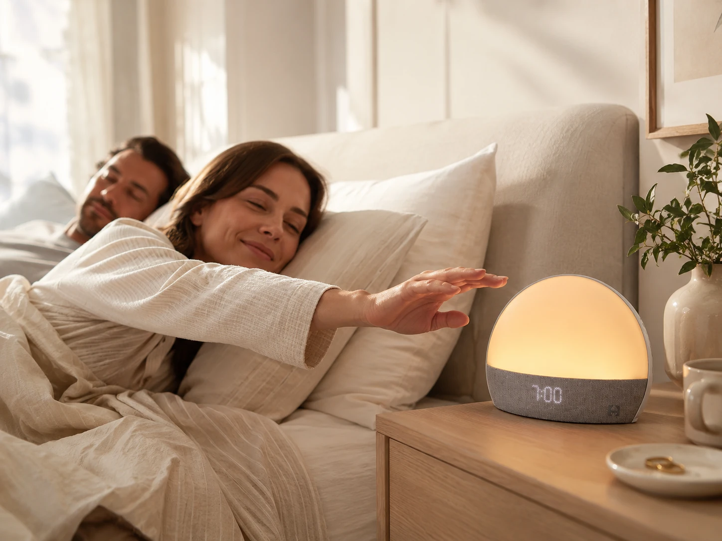 Couple waking up naturally with Hatch Restore sunrise alarm clock on a nightstand Couple waking up naturally with Hatch Restore sunrise alarm clock on a nightstand