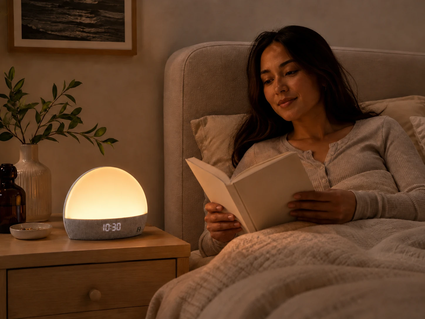 Hatch Restore Smart Alarm Clock creating a warm bedtime reading atmosphere Hatch Restore Smart Alarm Clock creating a warm bedtime reading atmosphere