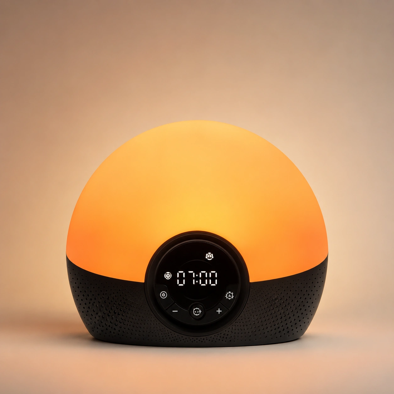 Front product view of the Lumie Bodyclock Rise150 Alarm Clock with a bright orange wake-up light.