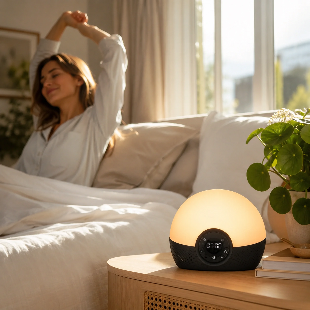 Lumie Bodyclock Rise150 Alarm Clock in a cozy bedroom morning scene with warm wake-up light.