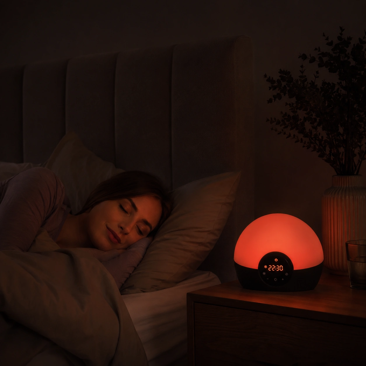 Lumie Bodyclock Rise150 Alarm Clock casting a warm glow while a woman relaxes in bed before sleep.