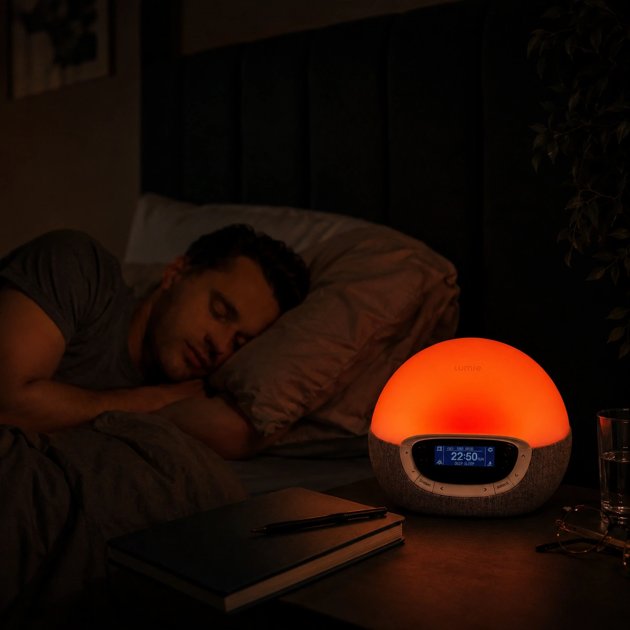 Lumie Bodyclock Rise300 with a soft night glow on a bedside table