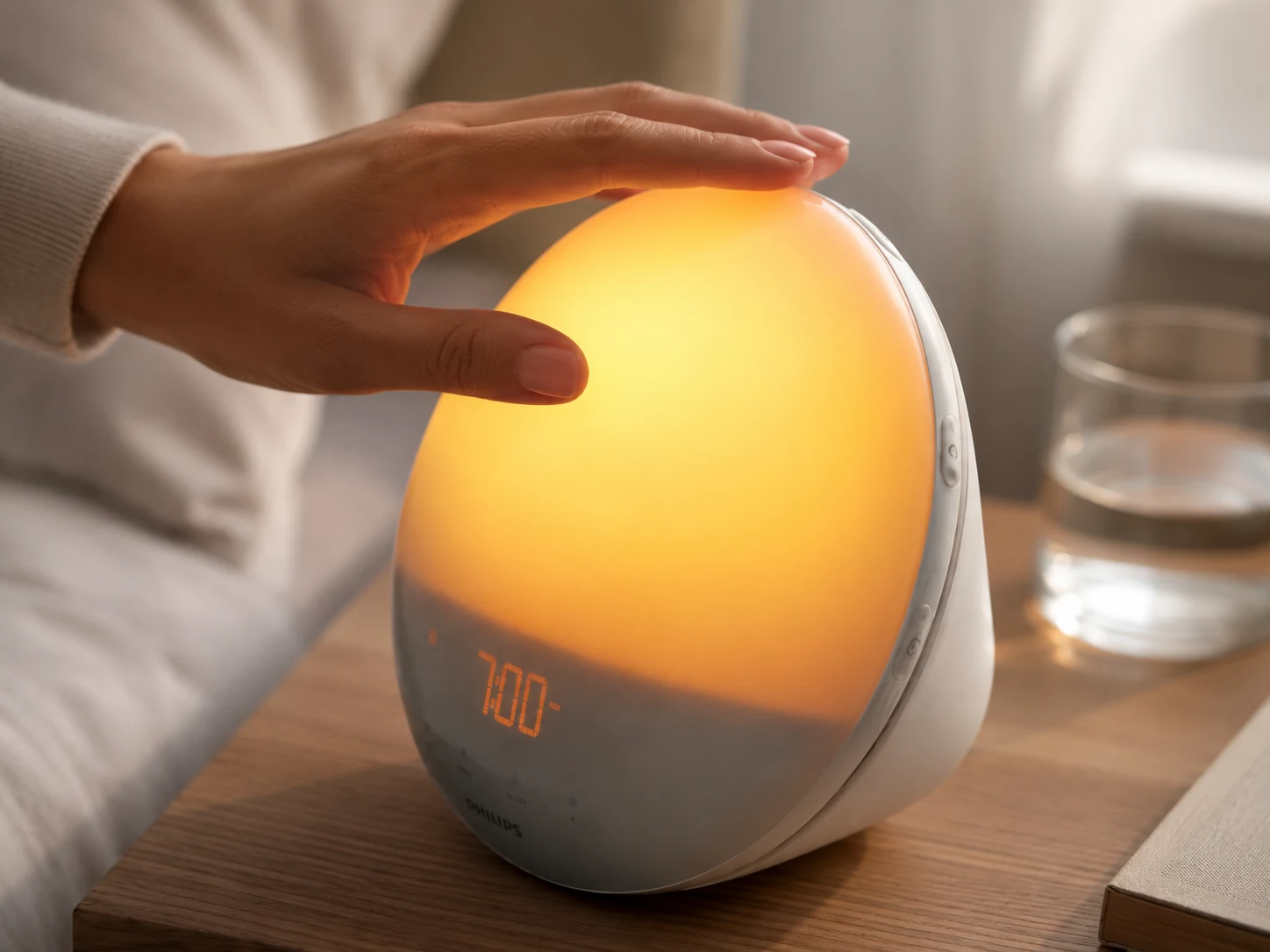 Hand tapping the Philips SmartSleep HF3520/60 wake-up light to snooze