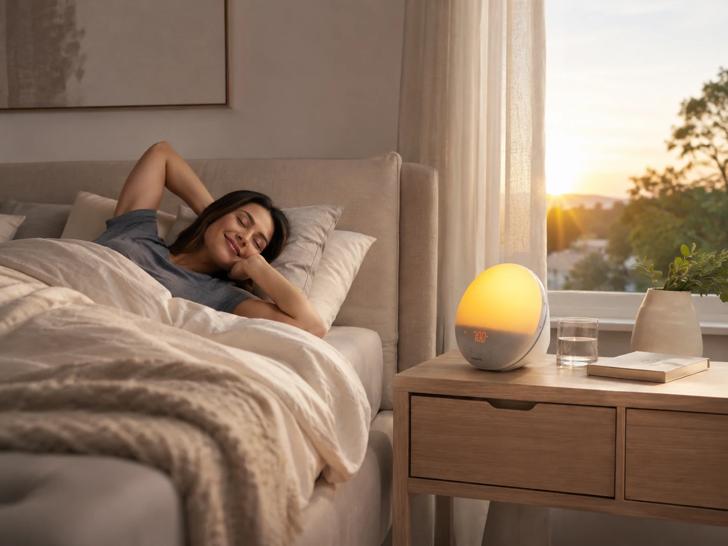 Wide bedroom sunrise scene with Philips SmartSleep HF3520/60 on the nightstand
