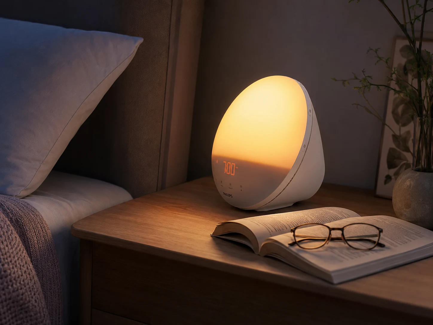 Philips SmartSleep HF3520/60 used as a warm evening reading light beside an open book