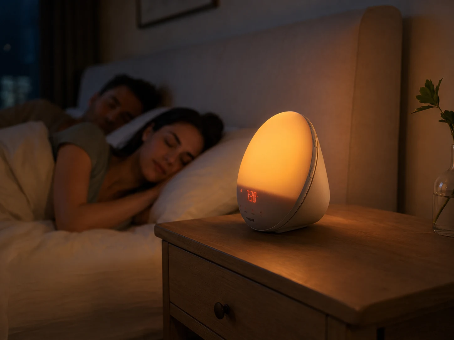 Philips SmartSleep HF3520/60 glowing softly while a couple sleeps in the background