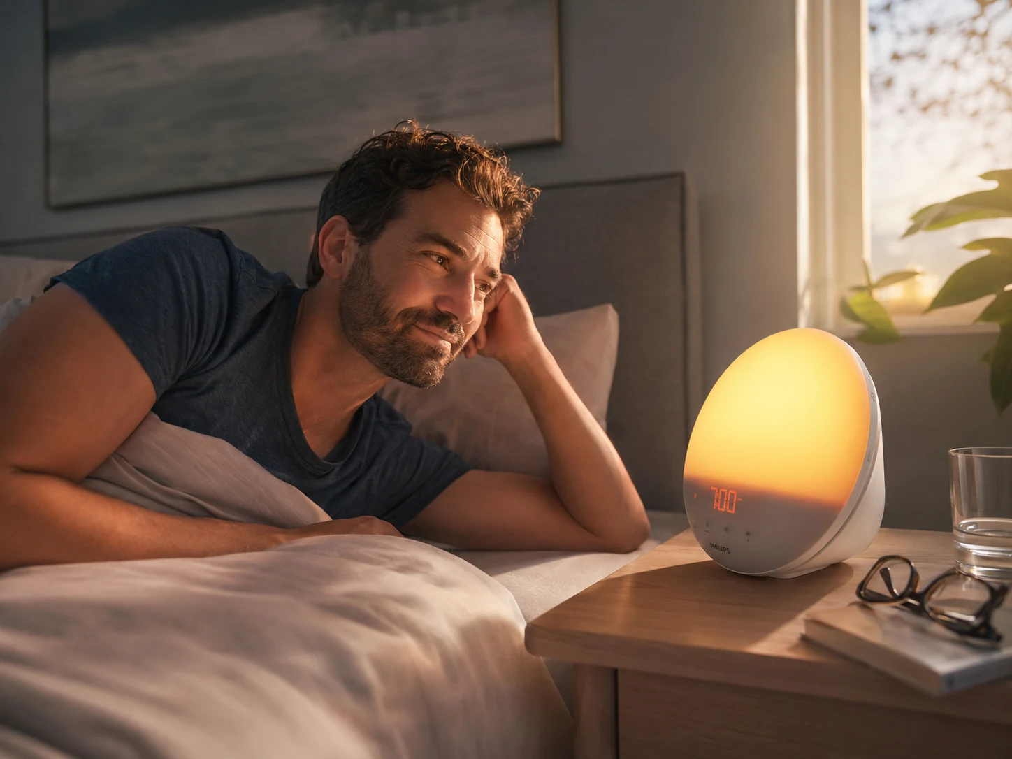 Man waking gently beside the Philips SmartSleep HF3520/60 sunrise alarm clock